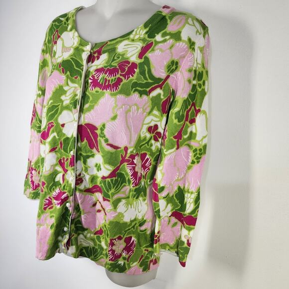 Talbots Petite Cardigan Medium Pink Green Floral 3/4 Sleeve Cotton Rayon Button - Picture 4 of 9